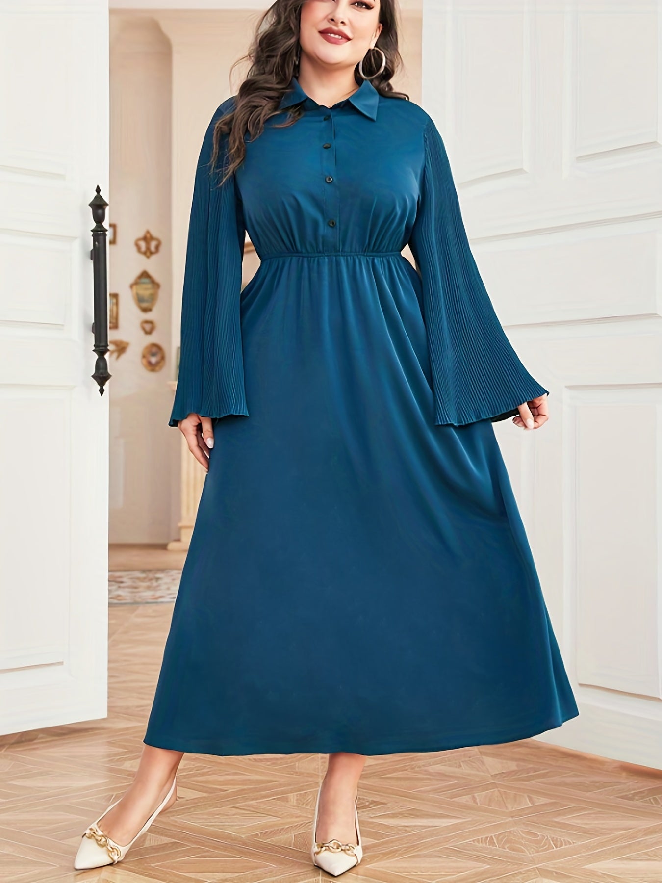  Dress Women's Plus Flared Sleeve Button Up Lapel Collar