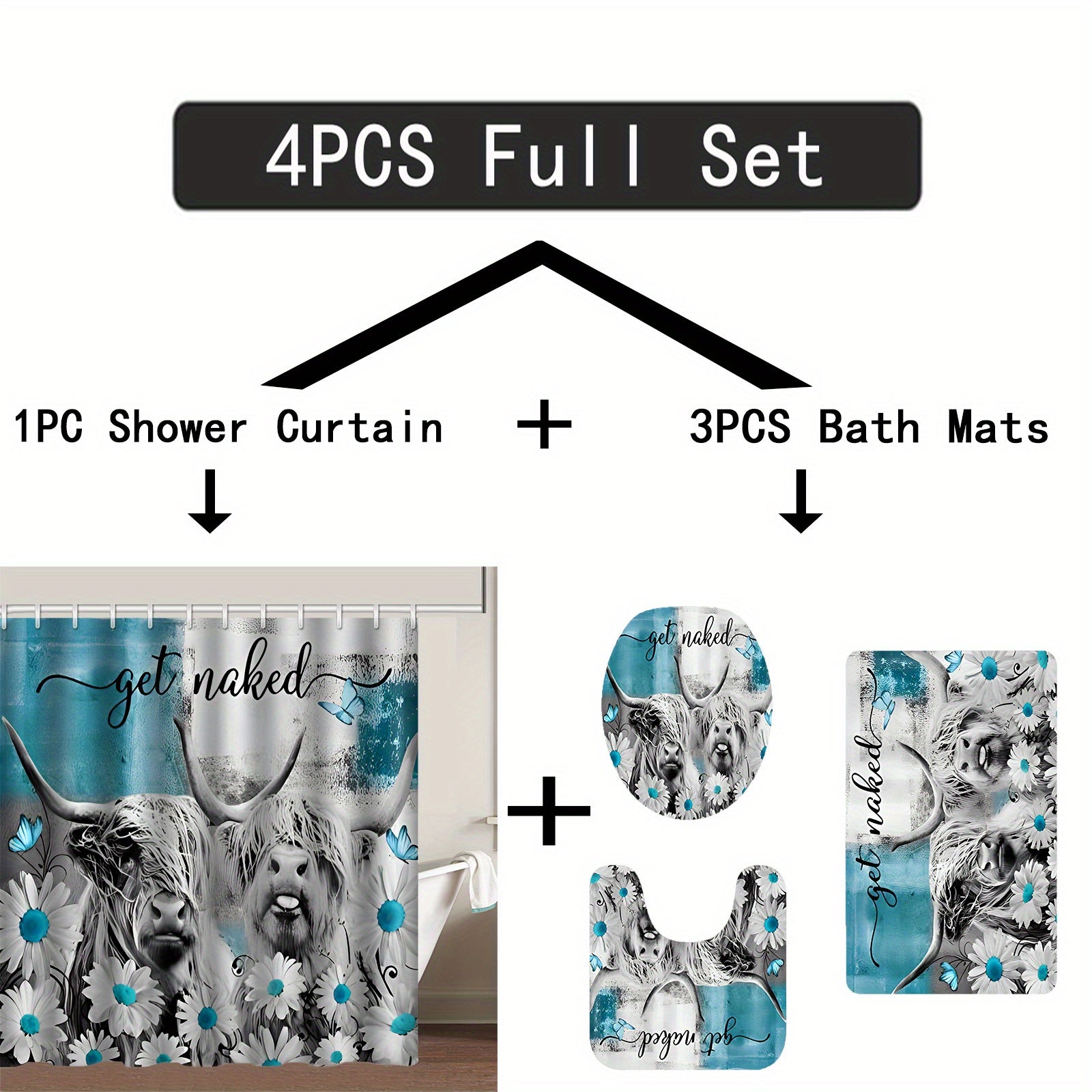 Highland Cow Shower Curtain Toilet Seat Bath Mat Set