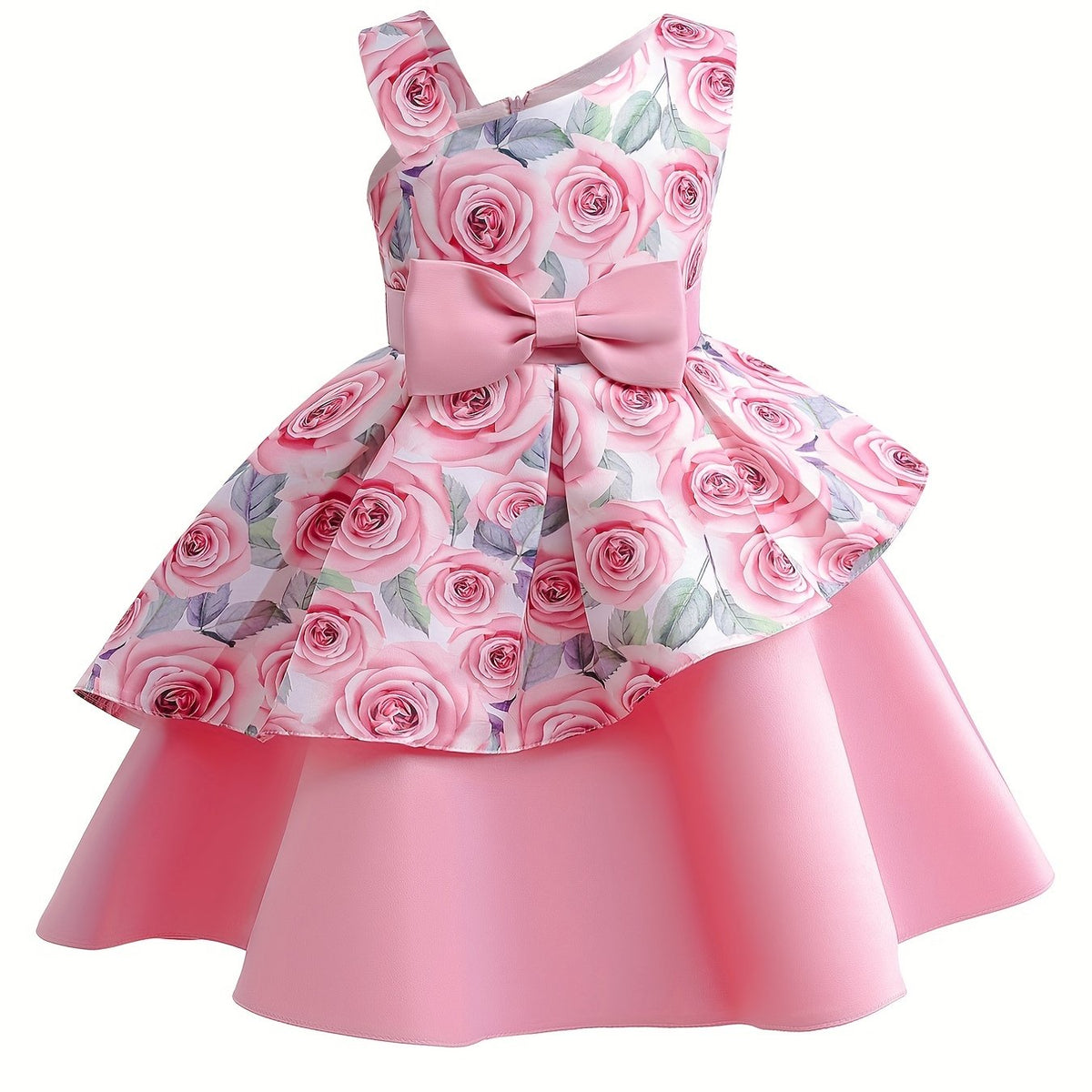Girls Sleeveless Rose Flower Graphic Bow Princess Dress