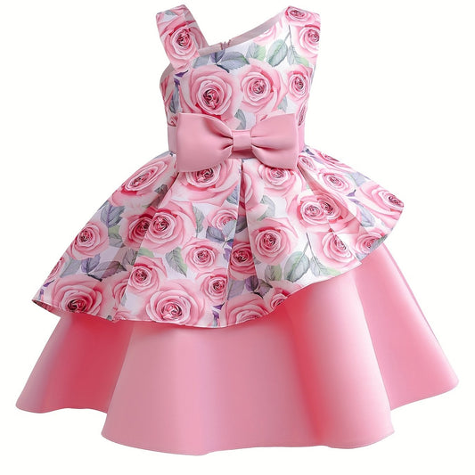 Girls Sleeveless Rose Flower Graphic Bow Princess Dress