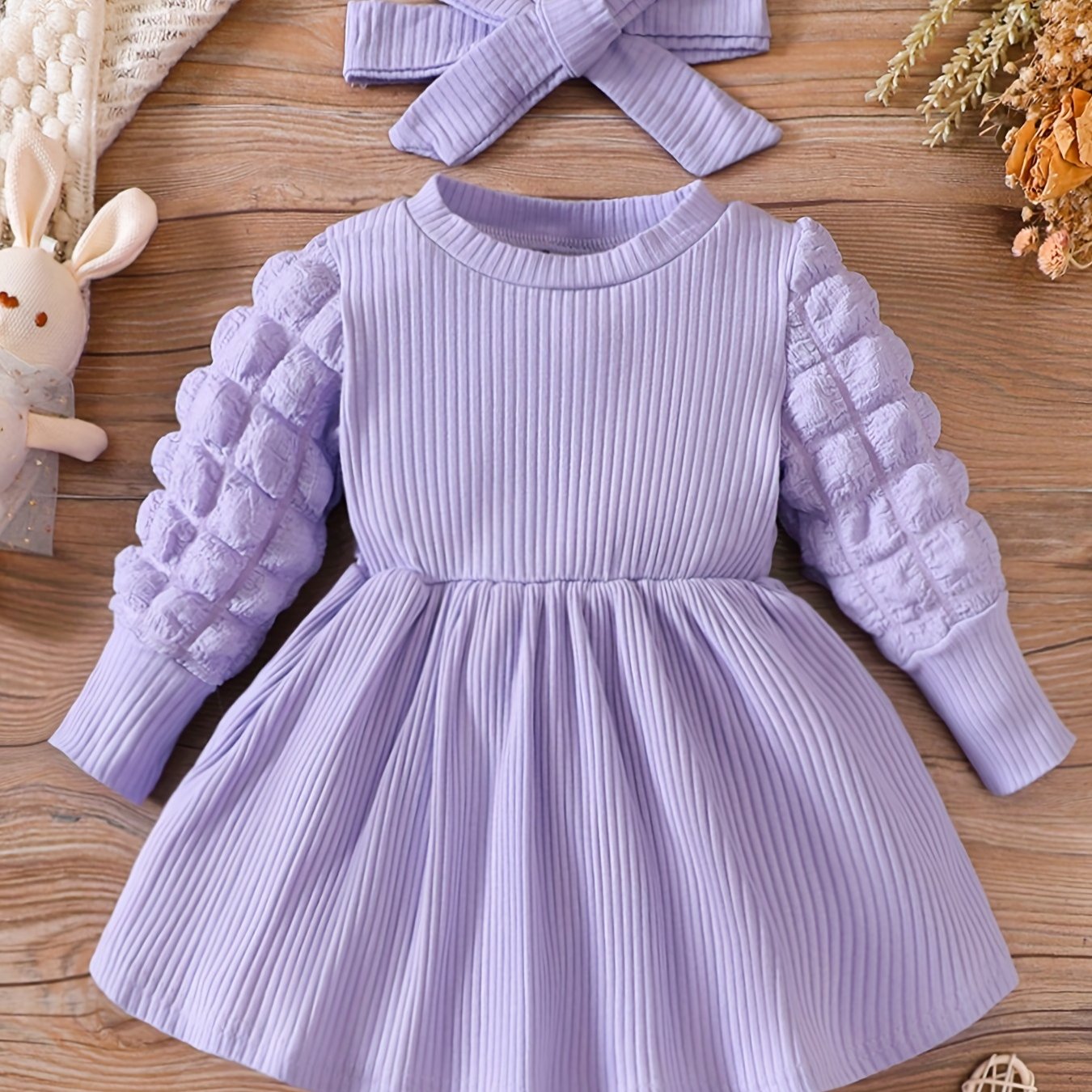 Baby's Pleated Long Sleeve Dress Set with Headband