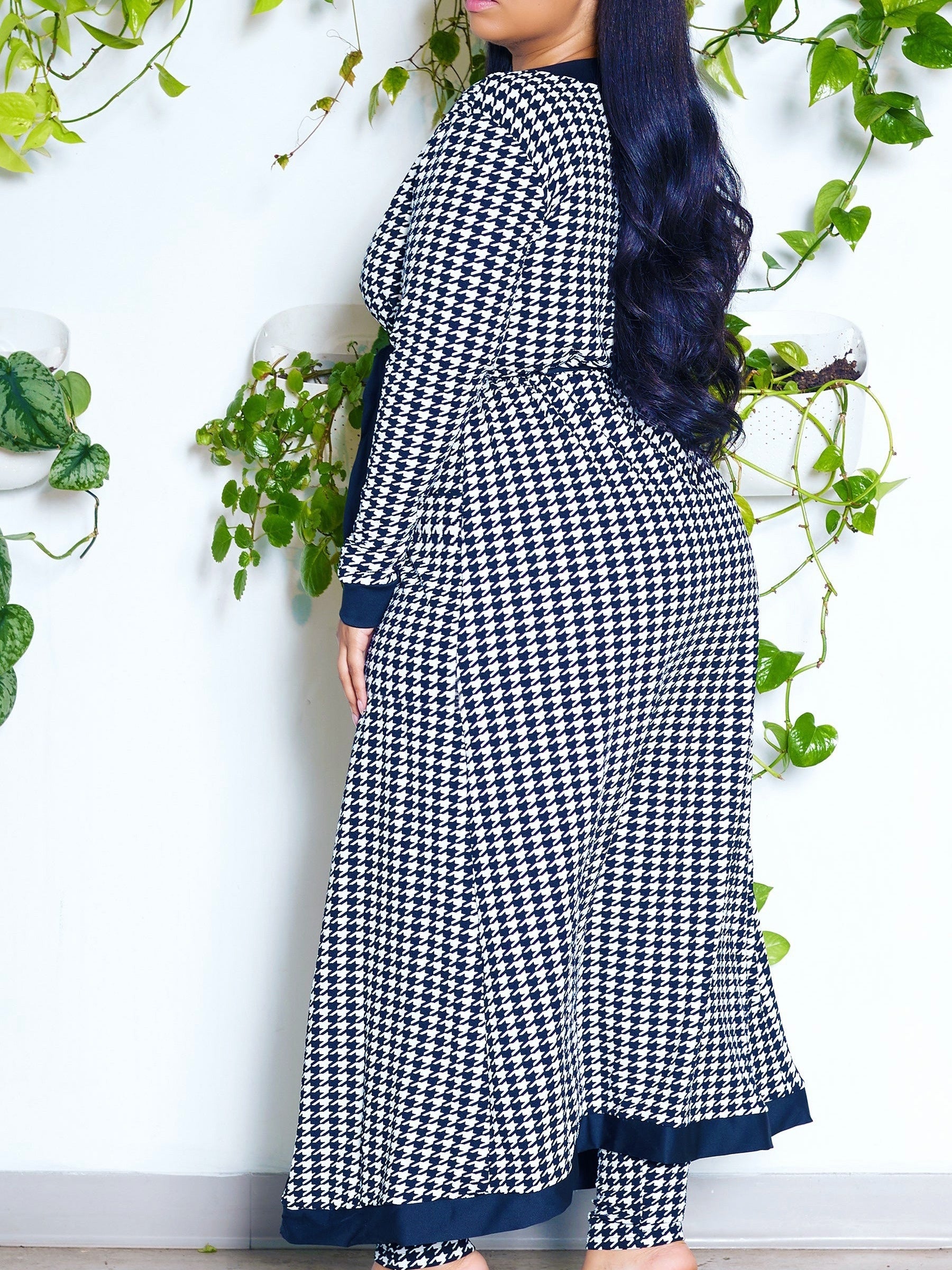  Houndstooth Print Robe & Pants Set
