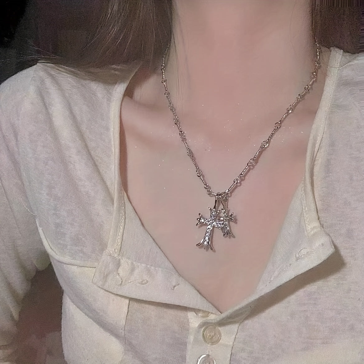 Y2K Double Cross Long Necklace Jewelry Gift