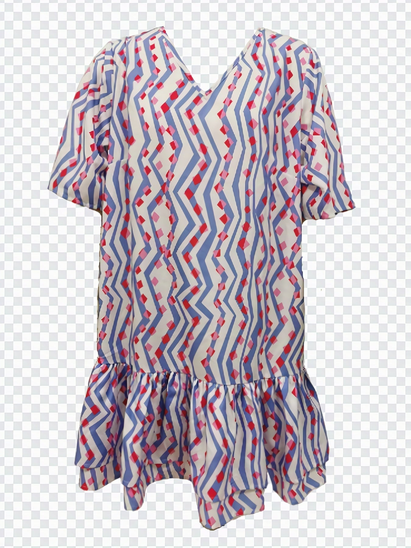  Colorblock Geometric Print V Neck Ruffle Dress