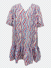 Colorblock Geometric Print V Neck Ruffle Dress