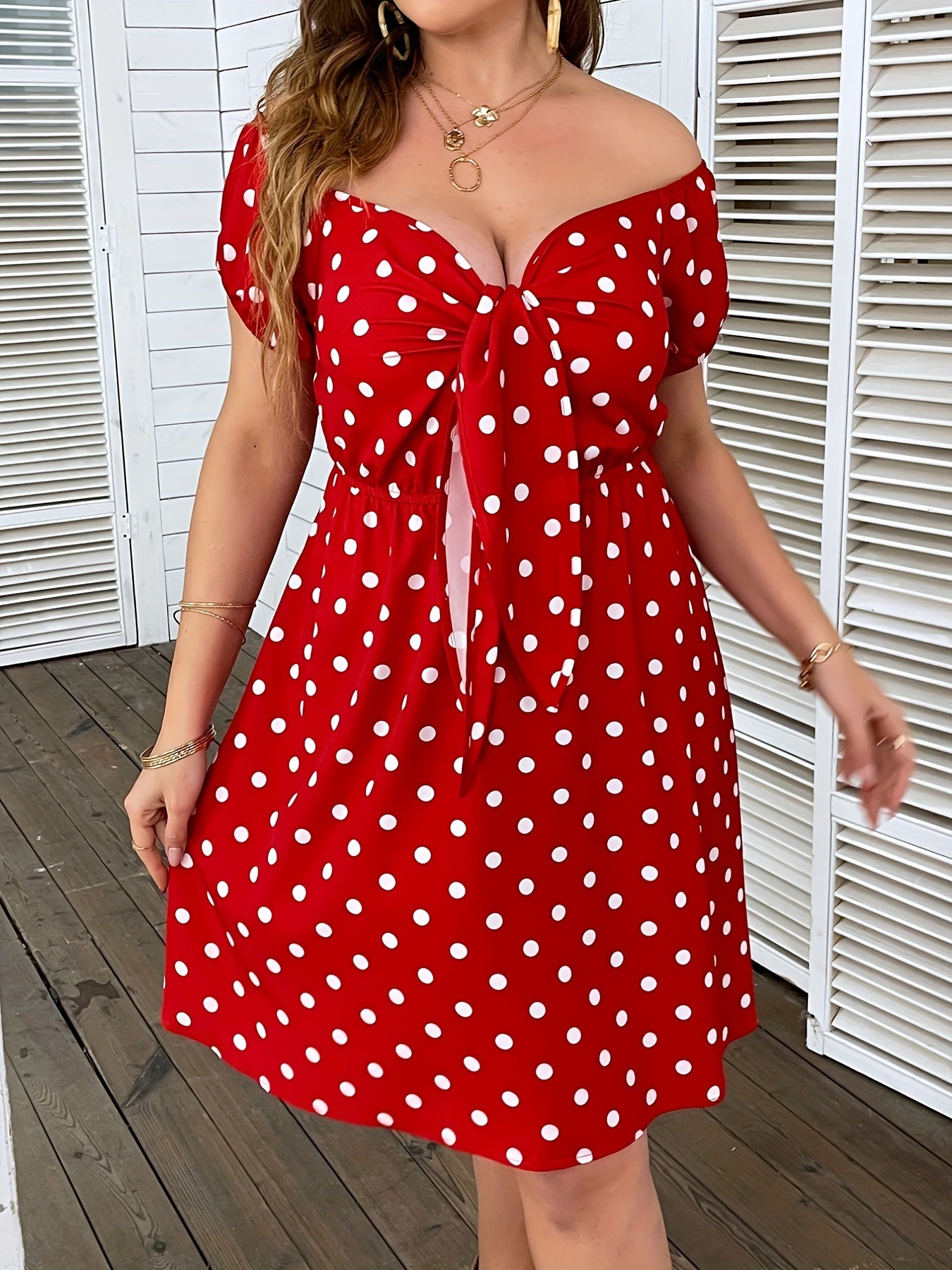  Polka Dot Off Shoulder Midi Dress