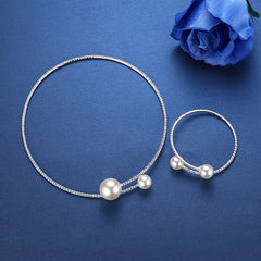 Rhinestone Faux Pearl Collar Necklace & Bracelet Set