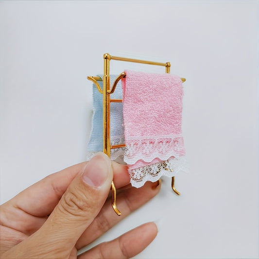 Dollhouse Metal Towel Rack Set with Towels DIY Furniture Props
