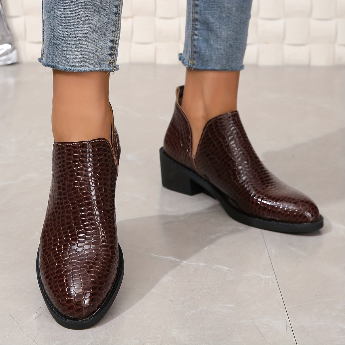 Crocodile Pattern Chunky Heel Ankle Boots