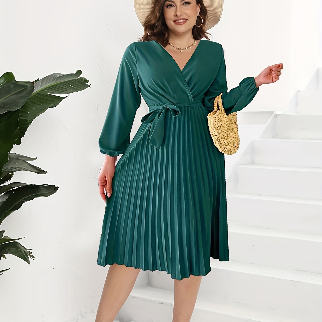  Surplice Neck Pleated Dress With Belt