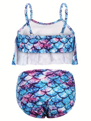 2pcs Toddler Girls Ruffle Trim Fish Scales Top Bikini Swimsuit