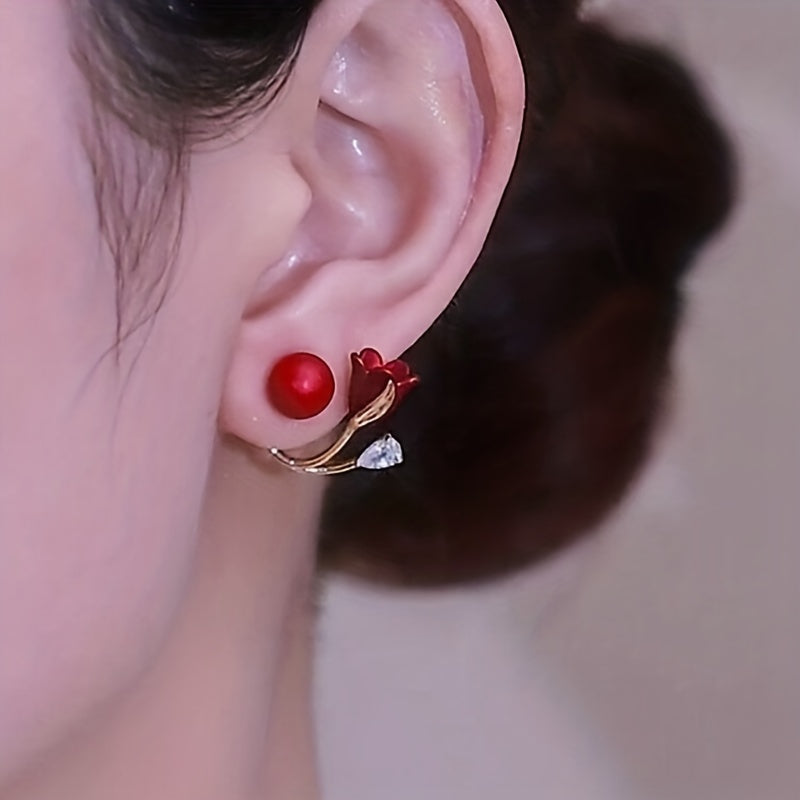 Festive Red Faux Pearl Tulip Flower Earrings For Women