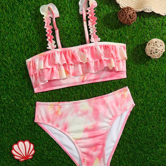 Girl's Tie Dye Bikini Set Ruffle Decor Sequin Cami Top & Briefs
