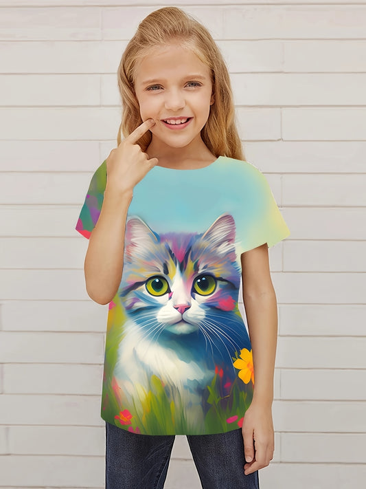 Sweet Flower Kitty Graphic Short Sleeve T shirt Girls Summer Tops