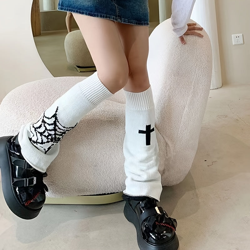 Gothic Spider Web Print Leg Warmers Asymmetrical Pattern Knee High Socks