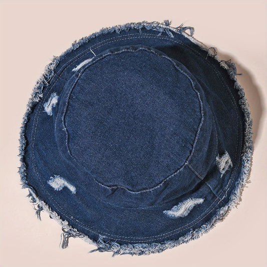 Distressed Ripped Bucket Hat with Frayed Brim for Sunscreen Protection