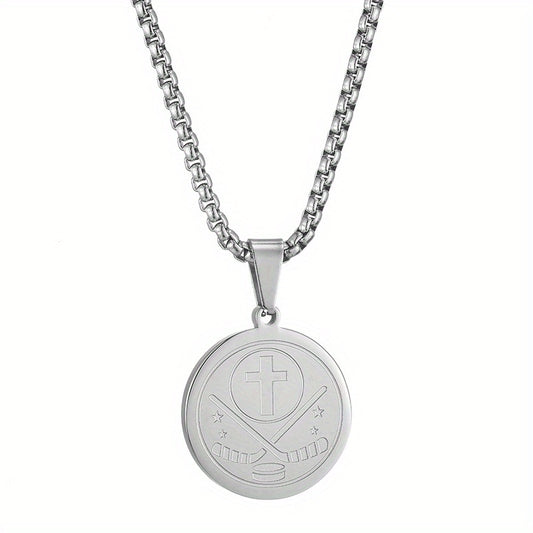 Men's Stainless Steel Ice Hockey Round Pendant Necklace
