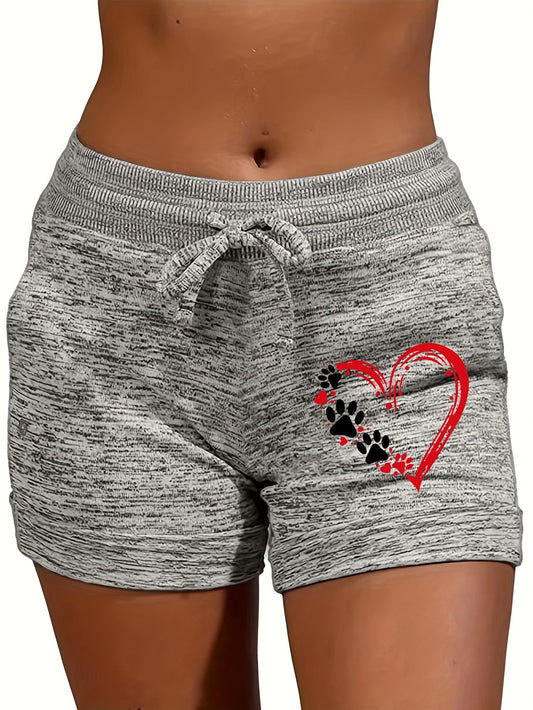 Heart & Paw Print Drawstring Shorts Women's Casual Shorts