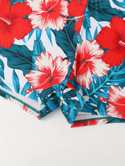 Tropical Print Tankini Set Round Neck High Stretch Boxer Short Bottom Swimsuit