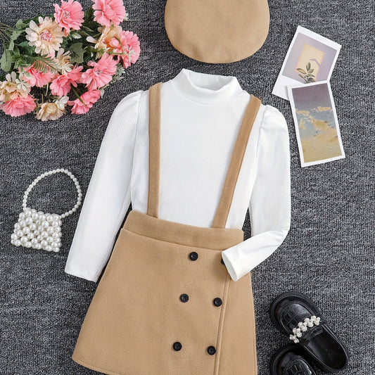 Long Sleeve Top & Suspender Skirt Girl's Set With Hat