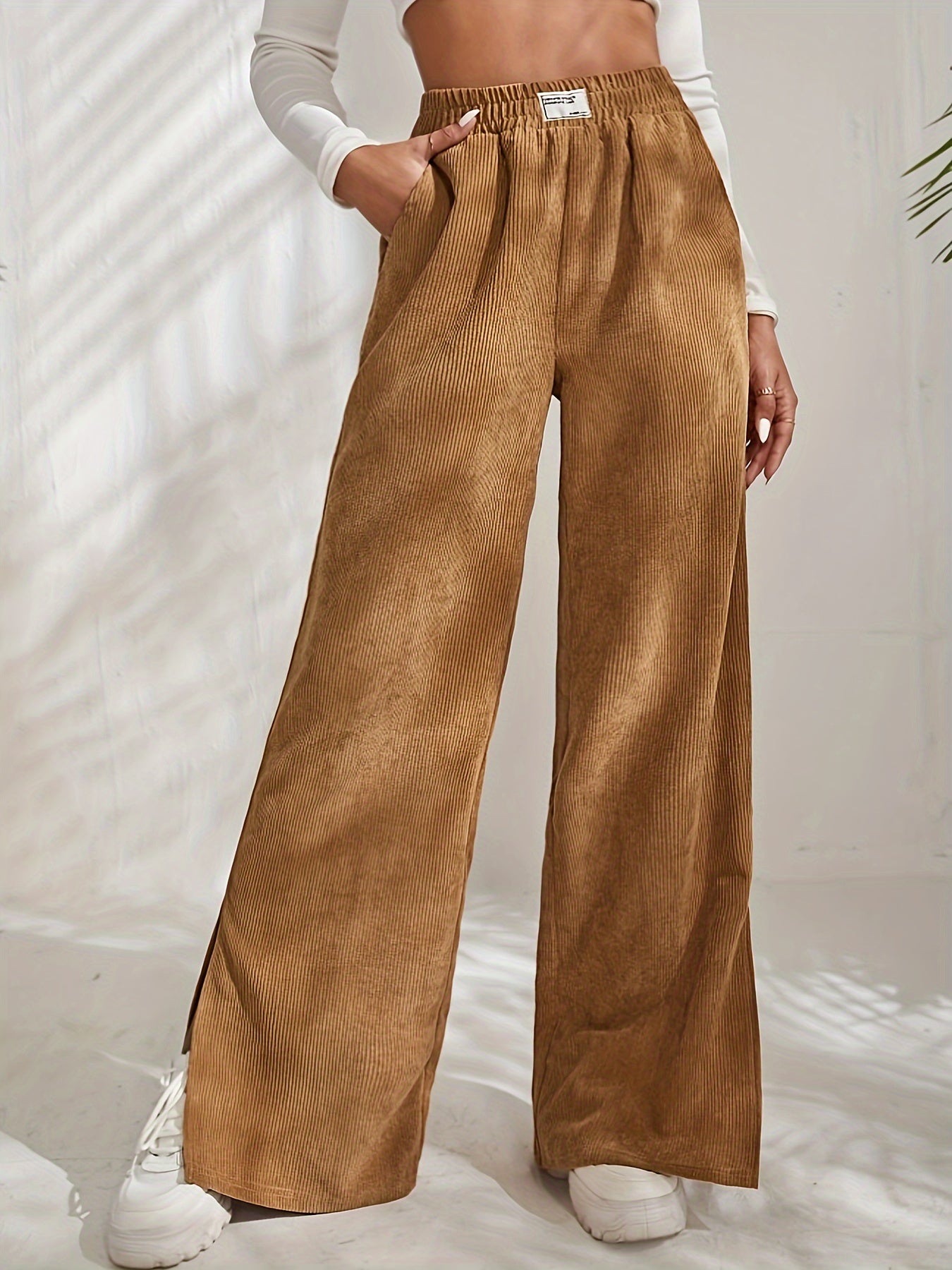  Solid Corduroy High Rise Wide Leg Trousers
