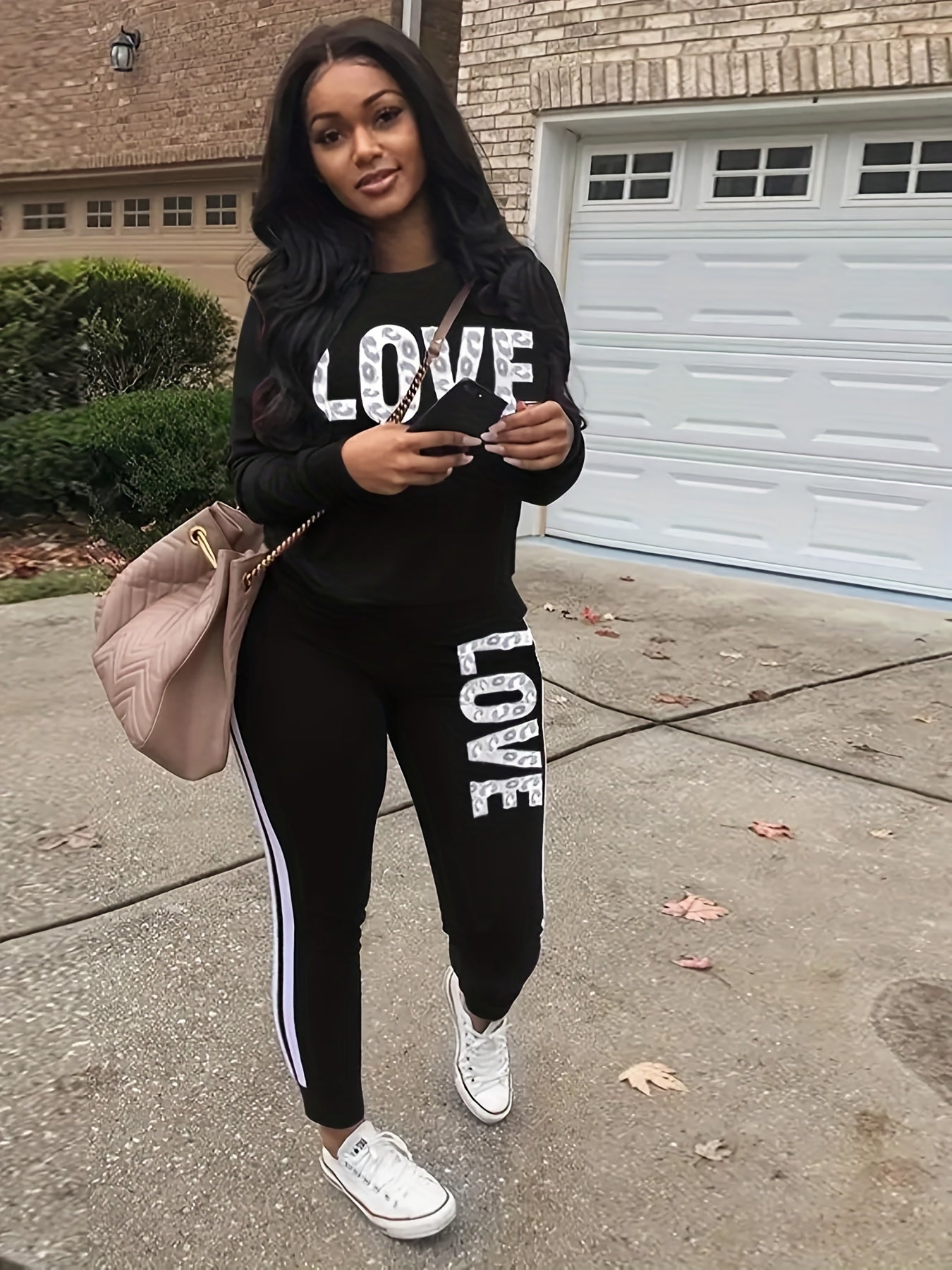 Women's Plus Art Letter Print Top & Joggers Outfits Set