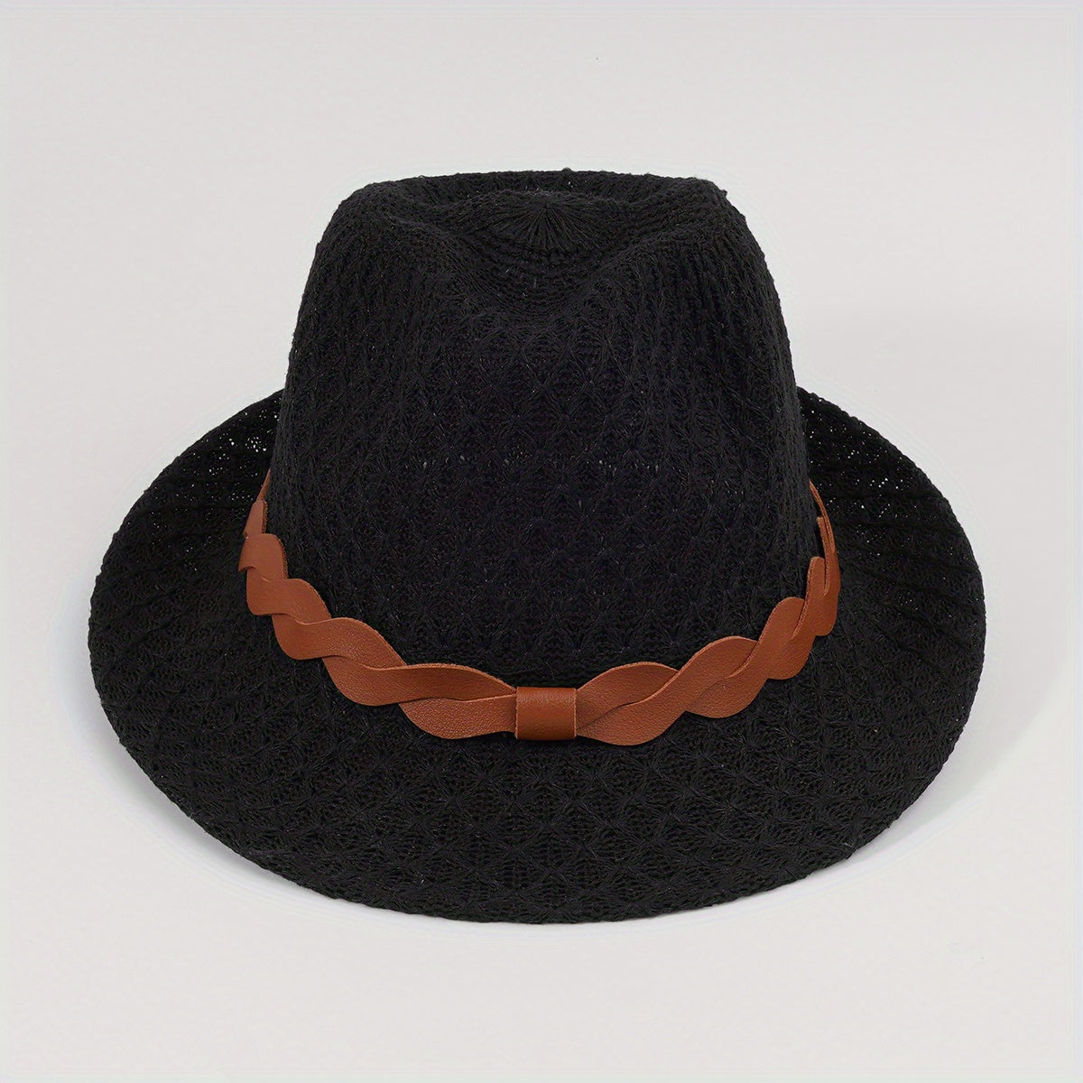 Stylish Belt Decor Sun Hat Crochet Short Brim Jazz Fedora Cap