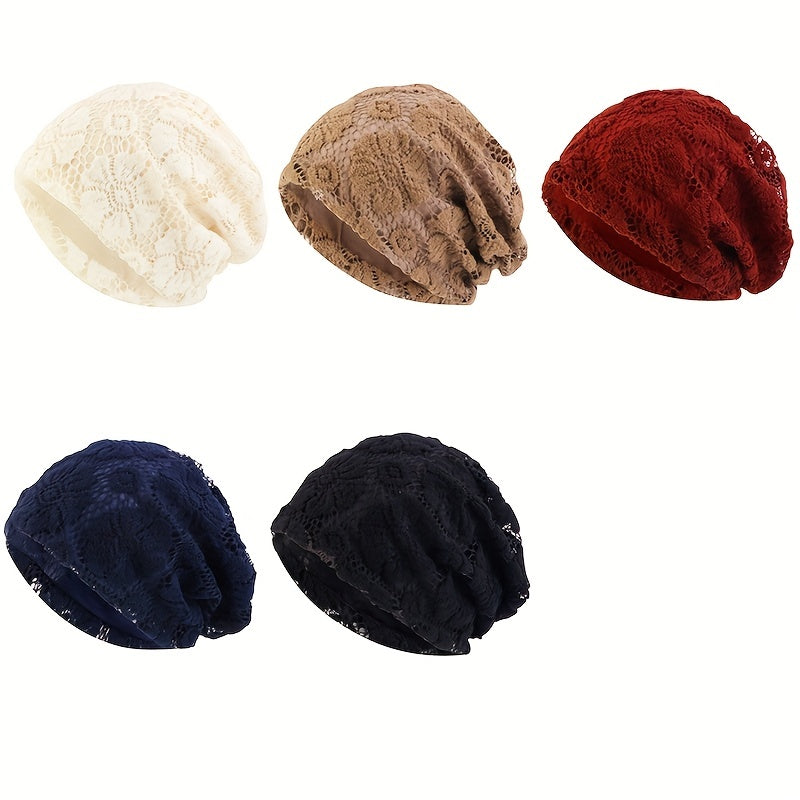 Double Layer Lace Beanies Turban Cap Solid Head Wrap Elastic Skull Cap