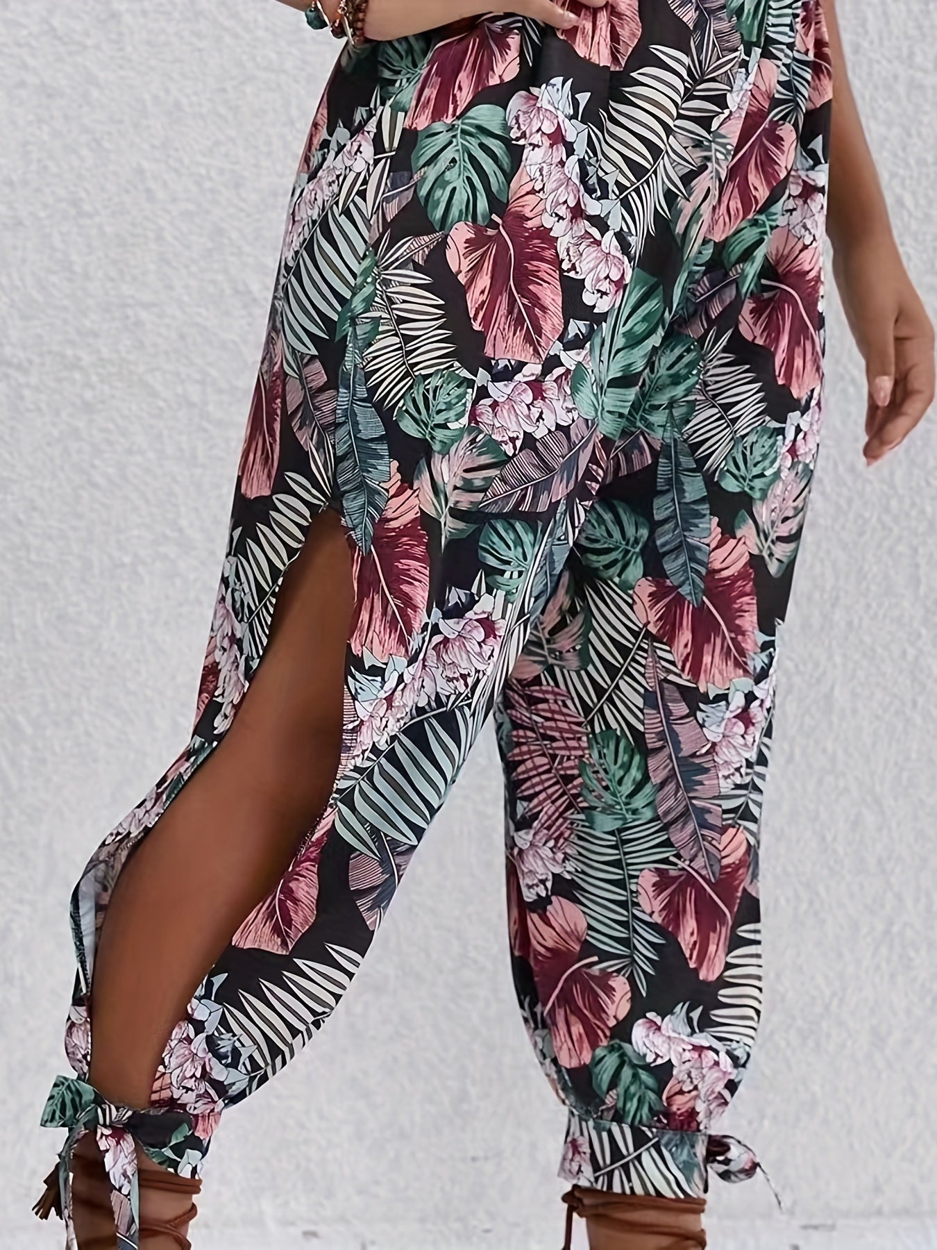  Boho Pants Women's Plus Tropical Print Elastic High Rise Trousers