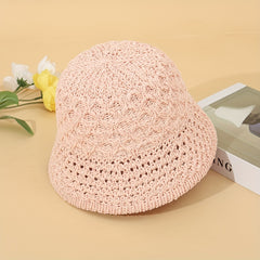 Hollow Crochet Bucket Hat Solid Breathable Sunscreen Cloche Hat