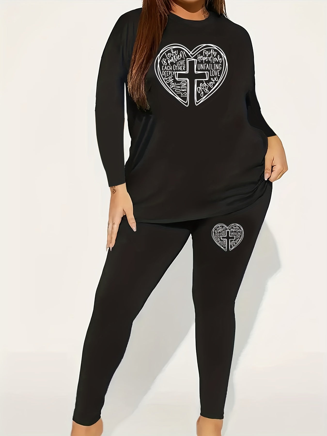  Heart & Cross Print Long Sleeve Top & Leggings Set