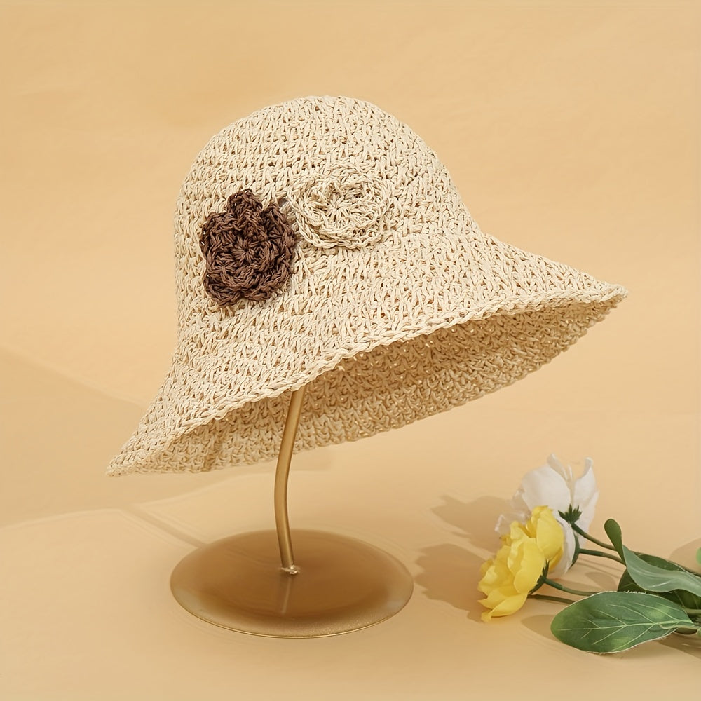 Beige Crochet Straw Bucket Hat Flower Decor Hollow Breathable
