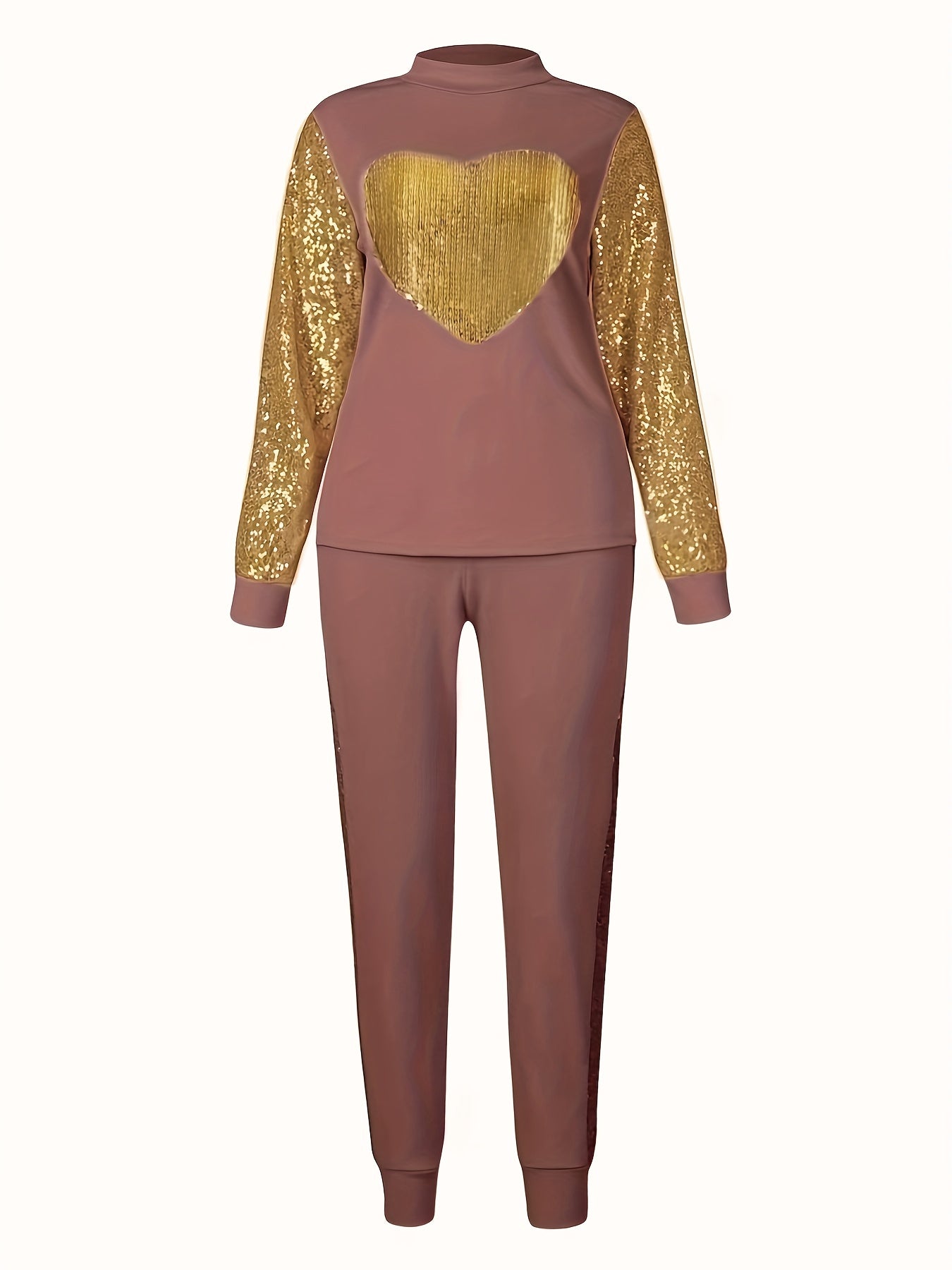 Women's Plus Heart Print Glitter Sequin Decor Top & Jogger Pants Outfit Set