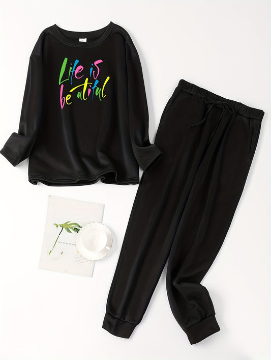 Women's Plus Size Slogan Print Fleece Lounge Set
