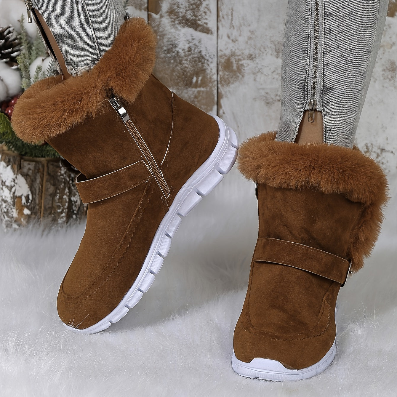 Plush Lined Thermal Furry Snow Boots Non Slip Side Zipper Snow Shoes
