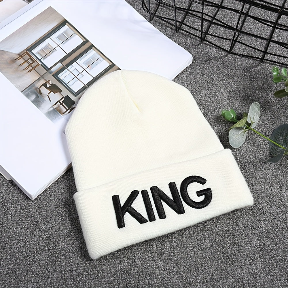 KING QUEEN Embroidery Beanie Solid Couple Knit Hat Elastic Skull Cap