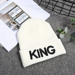 KING QUEEN Embroidery Beanie Solid Couple Knit Hat Elastic Skull Cap