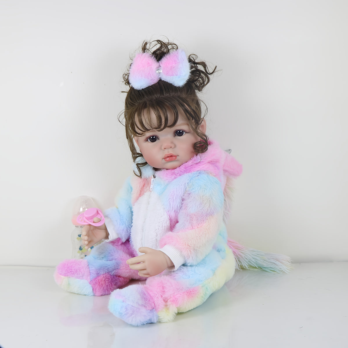 55 Rainbow Unicorn Doll w/ Soft Silicone Body & Brown Hair