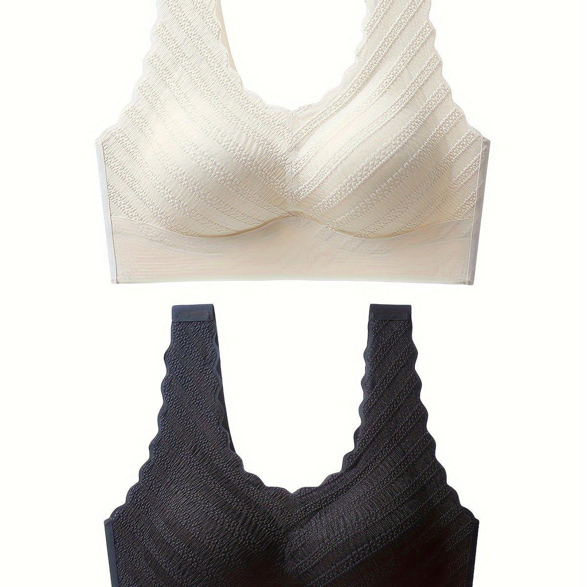 2pcs Scallop Trim Wireless Bras Comfy & Breathable Push Up Bra