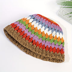 Striped Crochet Beanie Colorful Straw Cloche Hats Sun Shade Bucket Hats