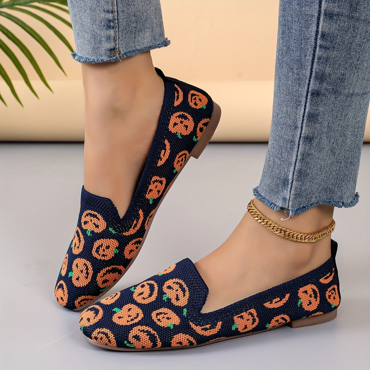Women's Pumpkin Print Flat Shoes Breathable Knit Square Toe Shoes