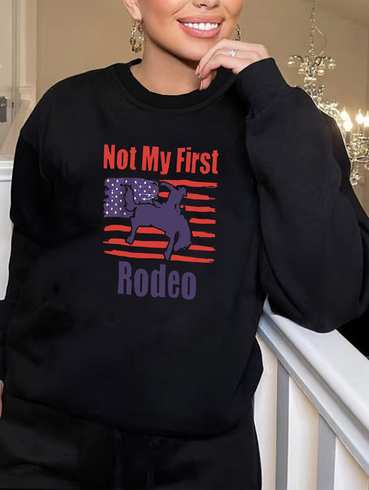  Retro Lounge Top Women's Plus Cowboy & Flag Print Long Sleeve