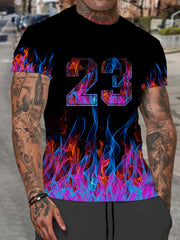 Men's Flame & 23 Print T-shirt Casual Comfy Slightly Stretch Tee