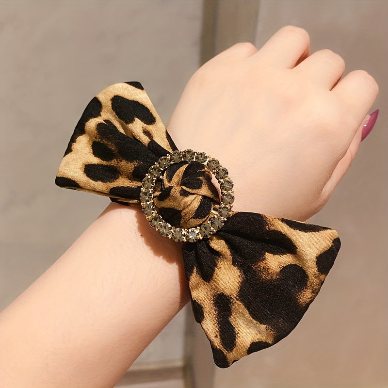 Rhinestone Ring Decor Leopard Bow Scrunchies Hair Ties