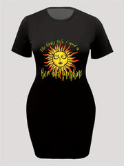  Casual Dress Women's Plus Sun & Letter Print Short Sleeve