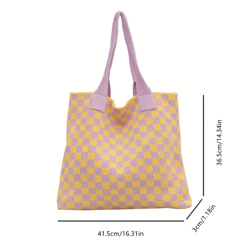 Checkerboard Pattern Shoulder Bag Knitted Satchel Tote Bag