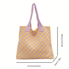 Checkerboard Pattern Shoulder Bag Knitted Satchel Tote Bag