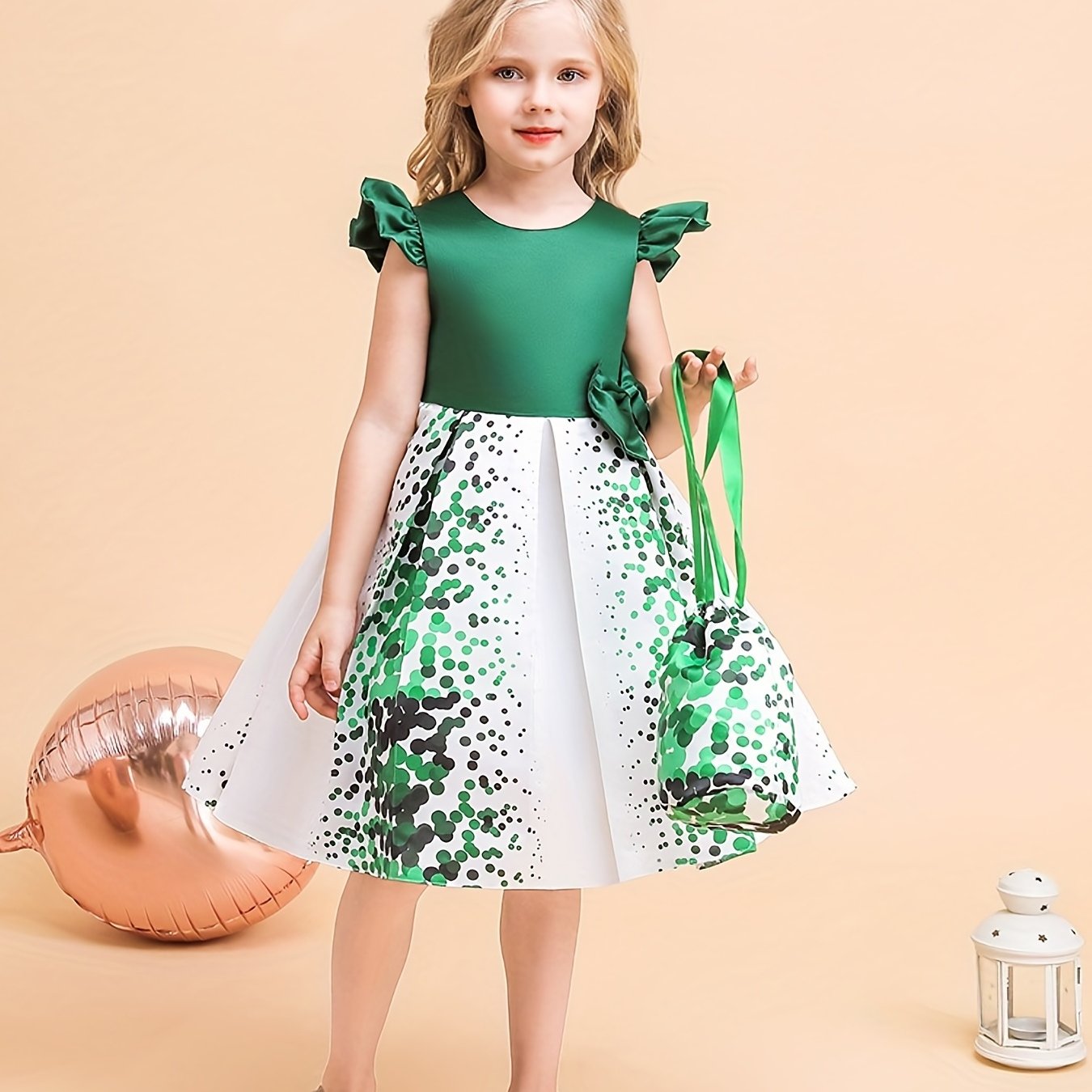Girls Polka Dot Princess Dress Gown With Bag for Party Performance