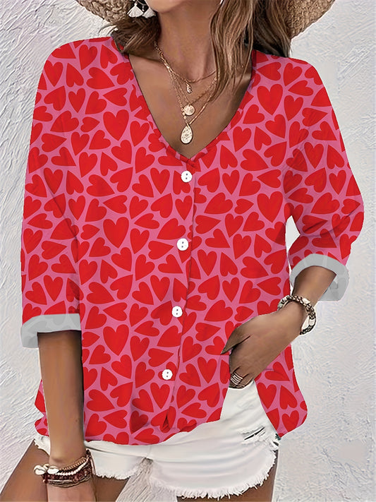  Heart Print Button Up Long Sleeve Blouse