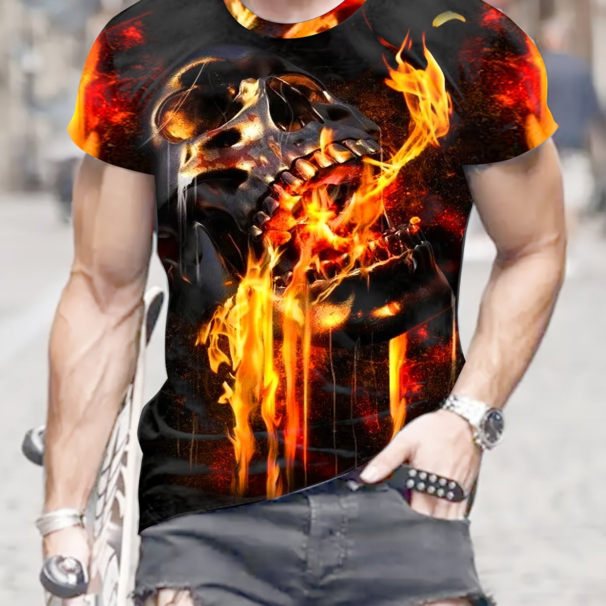 Burning Skull 3d Pattern Print Men's Short Sleeve T-shirt Graphic Tee
